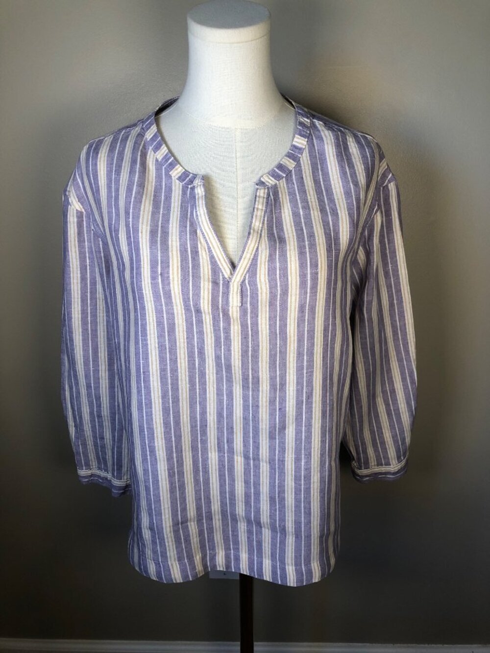 LL Bean 100% Linen Lavender Stripe 3/4 Sleeve Pullover Coastal Grandma Size M